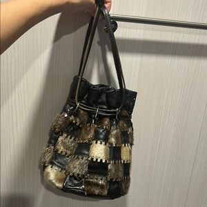 Vintage Fur and leather checkered pattern draw string bucket bag boho